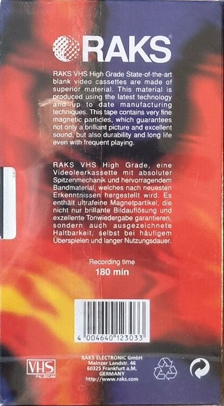 VHS, Video Home System RAKS HG 180 Type I Normal Germany