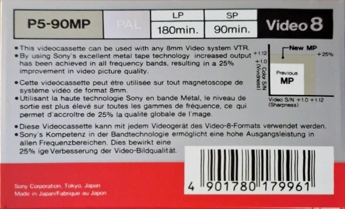 Video8, Hi8, Digital8 Sony MP 90 "P5-90MPB" Type IV Metal 1992 Europe