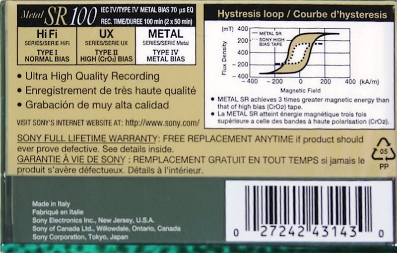 Compact Cassette Sony Metal SR 100 Type IV Metal 1996 North America