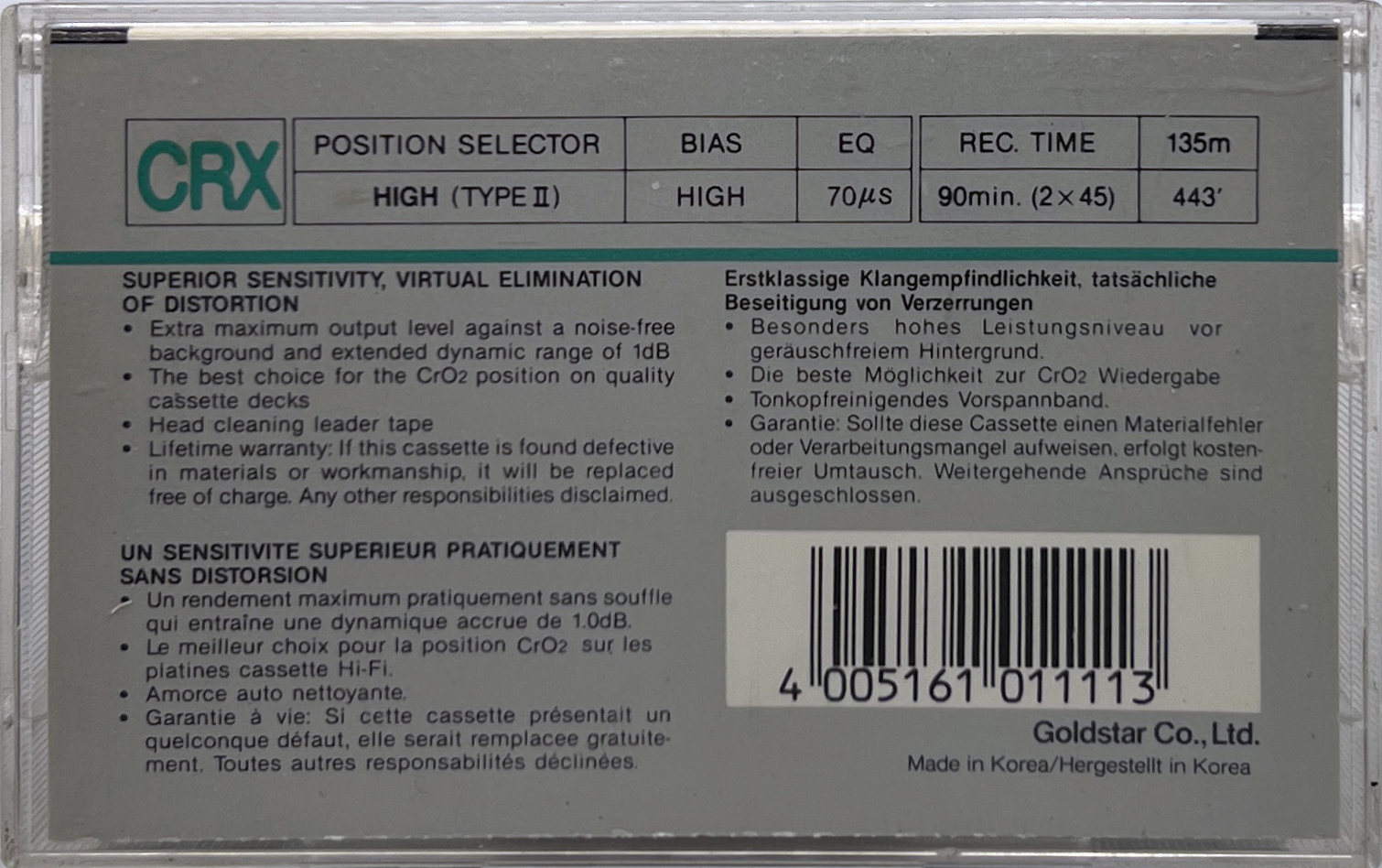 Compact Cassette Goldstar CRX 90 Type II Chrome 1986 Europe