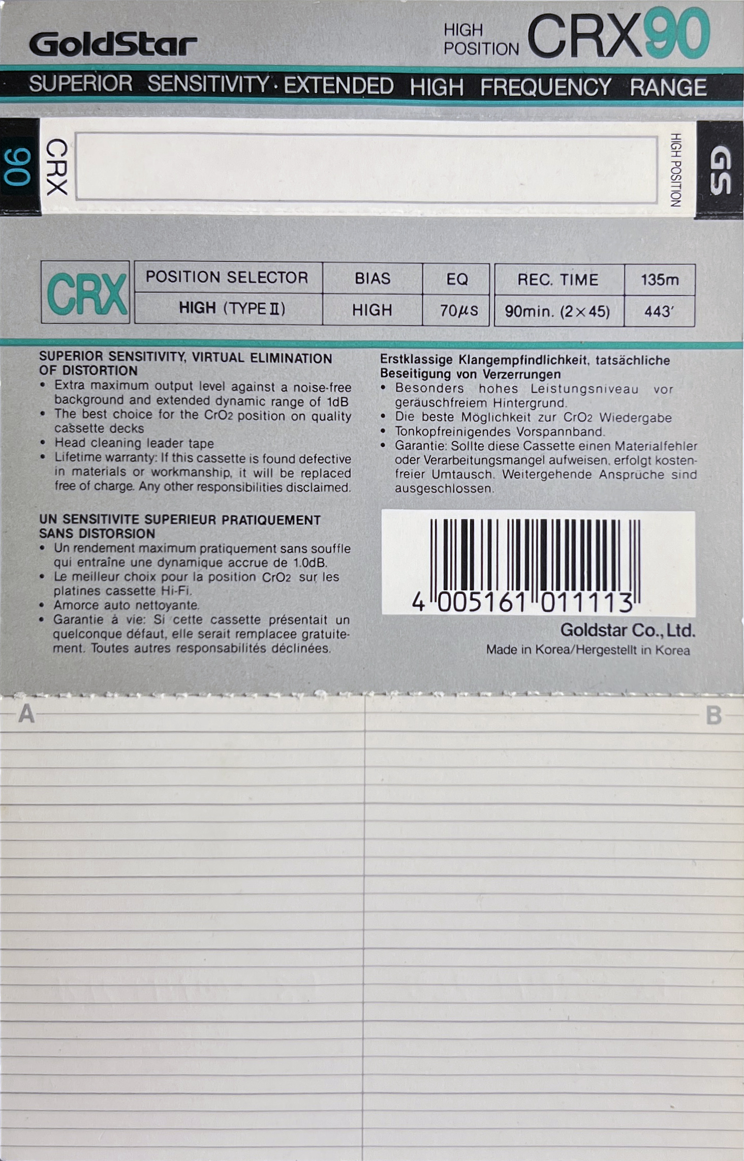 Compact Cassette Goldstar CRX 90 Type II Chrome 1986 Europe