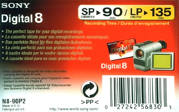 Video8, Hi8, Digital8 Sony 90 Type I Normal 2001 North America