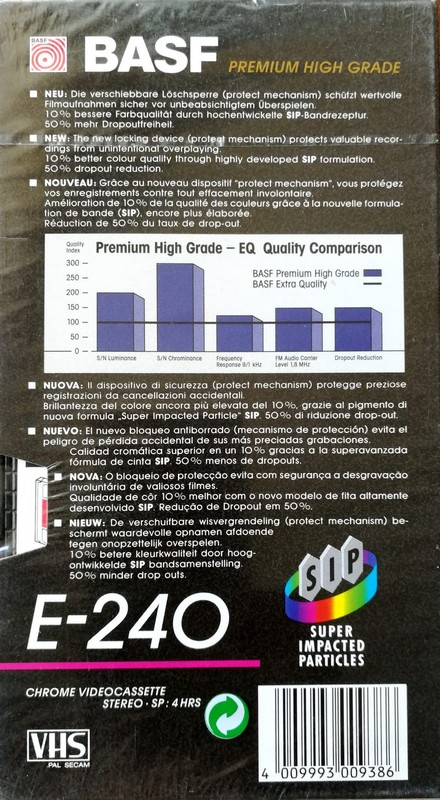 VHS, Video Home System BASF PHG 240 Type II Chrome 1994 Europe