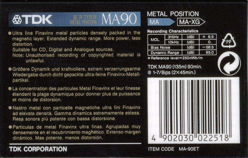 Compact Cassette TDK MA 90 "MA-90ET" Type IV Metal 1992 Europe