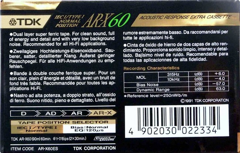 Compact Cassette TDK AR-X 60 "AR-X60ES" Type I Normal 1991 Europe