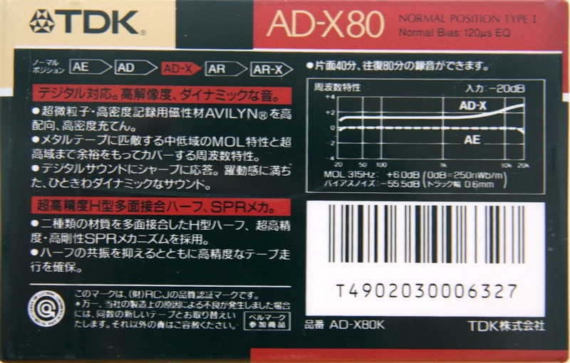 Compact Cassette TDK AD-X 80 "AD-X80K" Type I Normal 1989 Japan