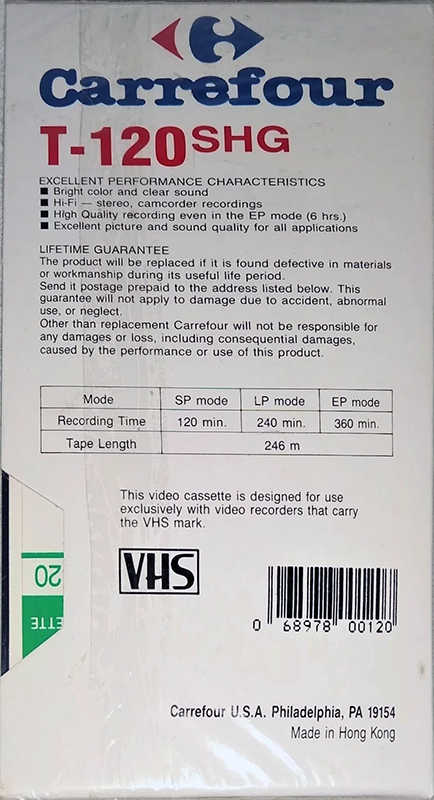 VHS, Video Home System Carrefour 120 "SHG" Type I Normal North America