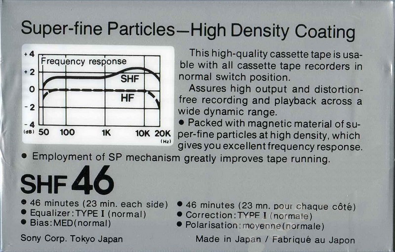 Compact Cassette Sony SHF 46 Type I Normal 1978 North America