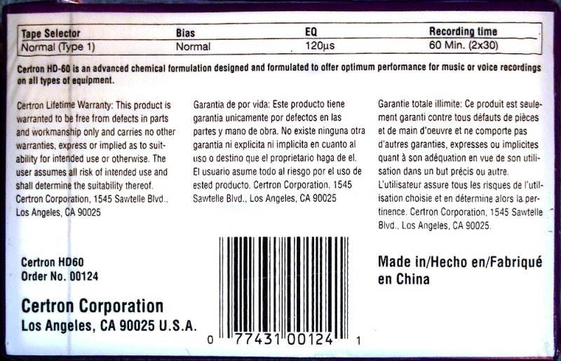 Compact Cassette Certron HD 60 Type I Normal China