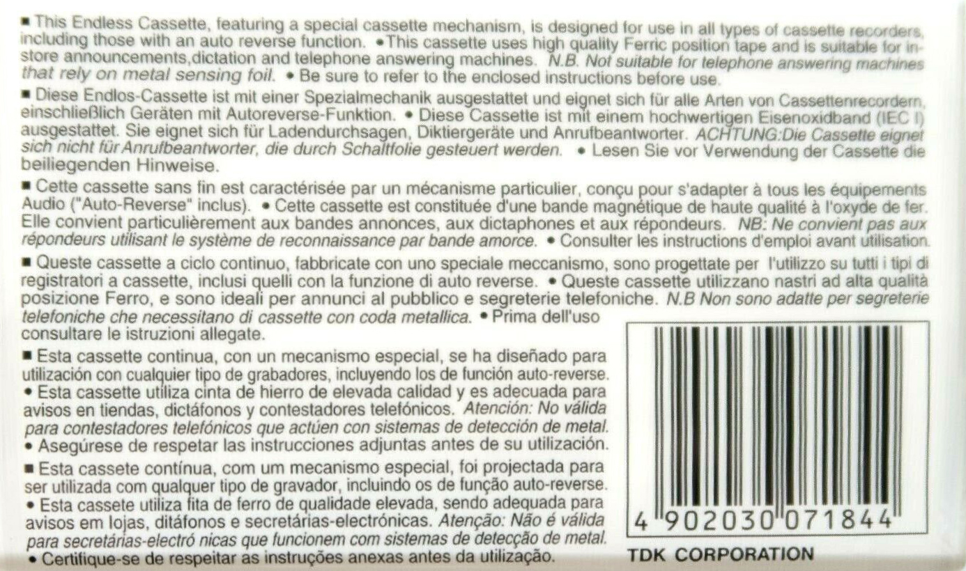 Compact Cassette TDK EC Endless 3 "EDL-3MEB" Endless Cassette 1990 Europe