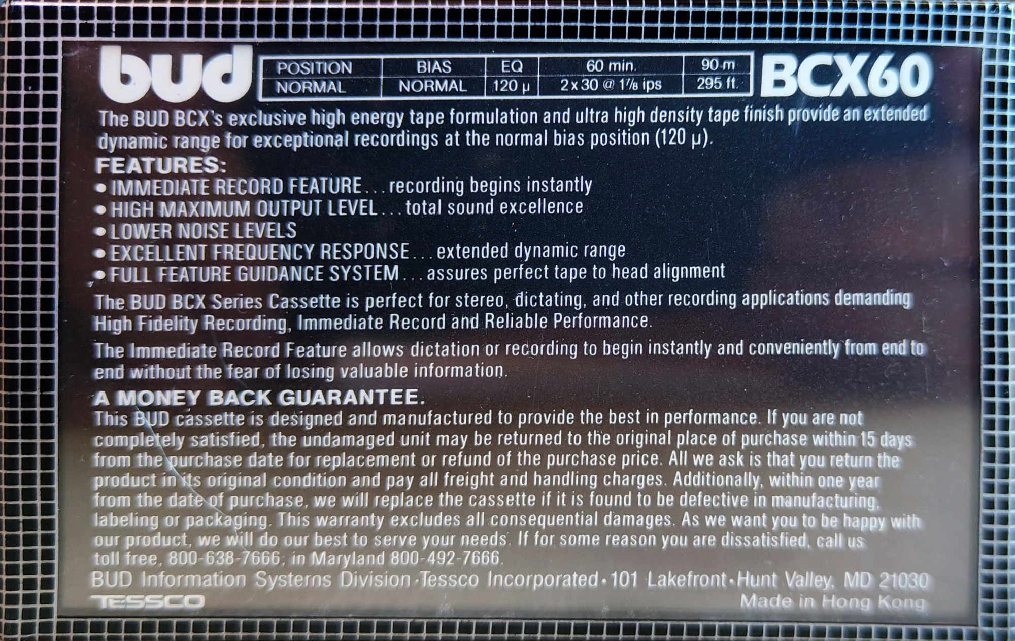 Compact Cassette Bud BCX 60 Type I Normal 1984 USA
