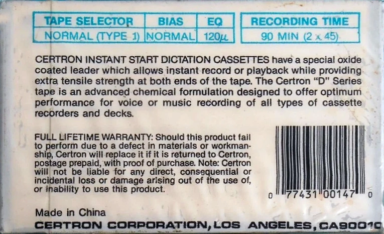 Compact Cassette Certron D / Dictation 90 Type I Normal 1989 USA