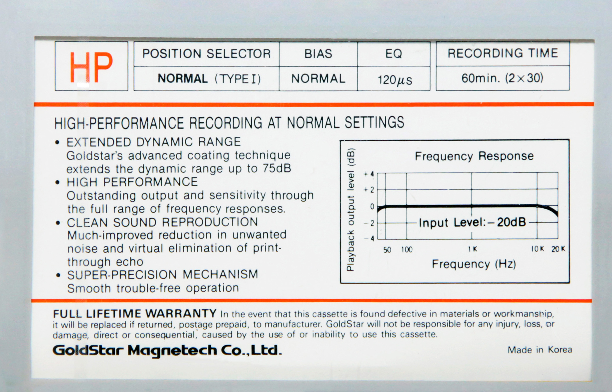 Compact Cassette Goldstar HP 60 Type I Normal 1988 USA