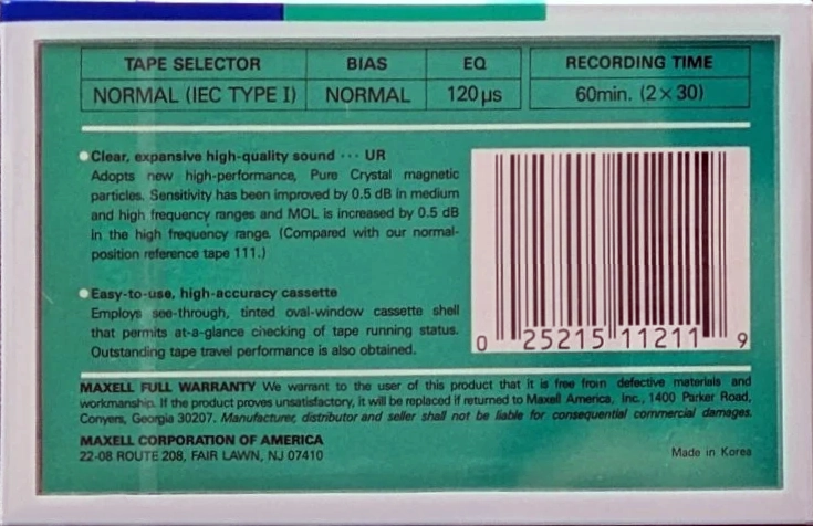 Compact Cassette Maxell UR 60 Type I Normal 1988 USA