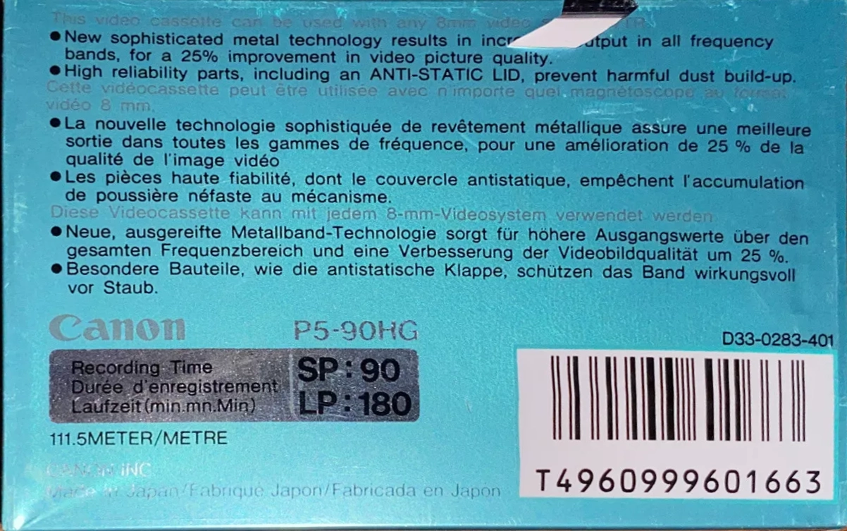 Video8, Hi8, Digital8 Canon Metal HG 90 "8 mm" Type IV Metal Europe