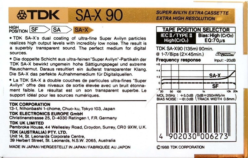 Compact Cassette TDK SA-X 90 Type II Chrome 1988 Europe