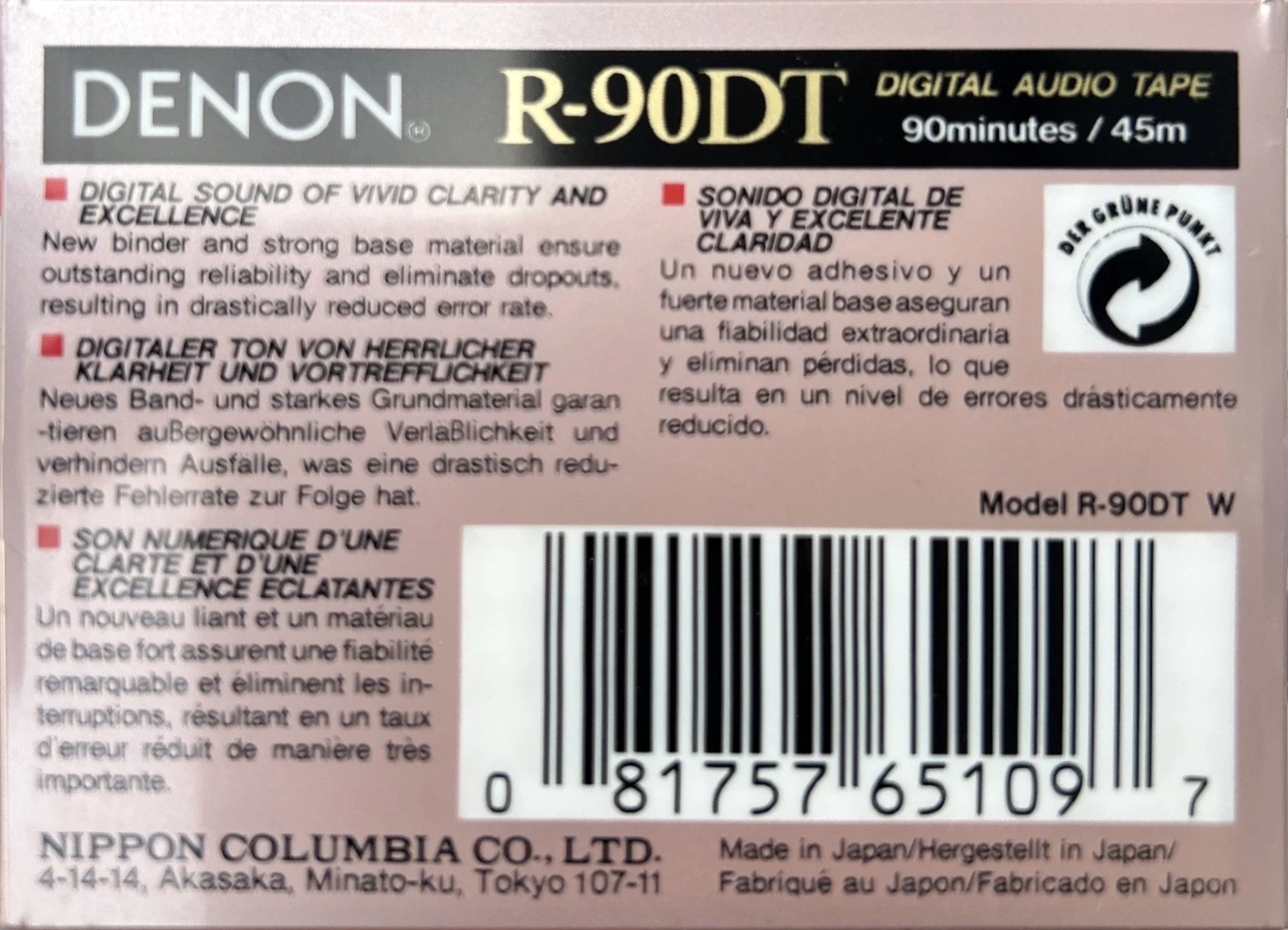 Digital Audio Tape Denon 90 "R-90DT W" Type IV Metal 1993 North America