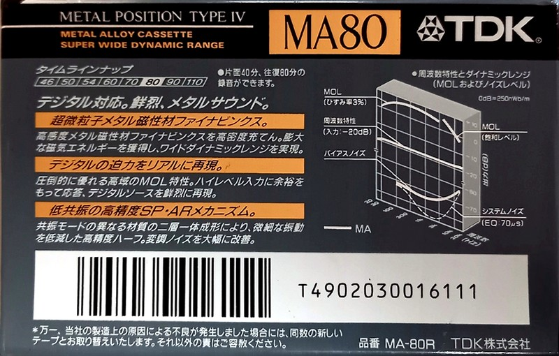 Compact Cassette TDK MA 80 "MA-80R" Type IV Metal 1992 Japan