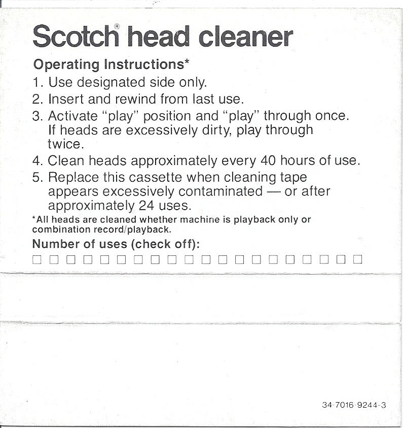 Compact Cassette Scotch Cleaning Cassette 1978 USA