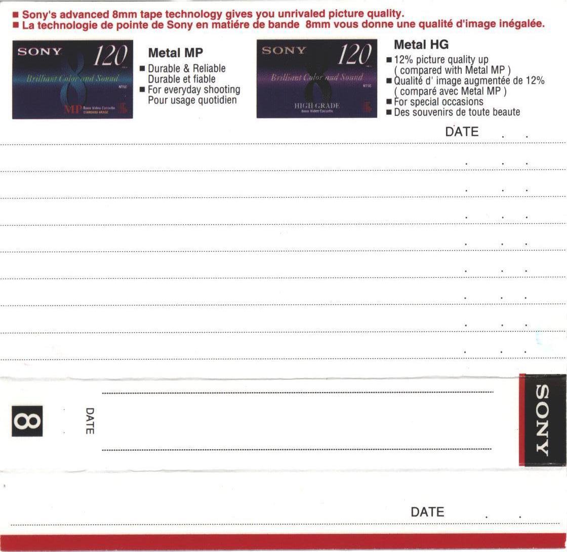 Video8, Hi8, Digital8 Sony MP 120 "Video8 P6-120MPC" Type I Normal 1996 North America