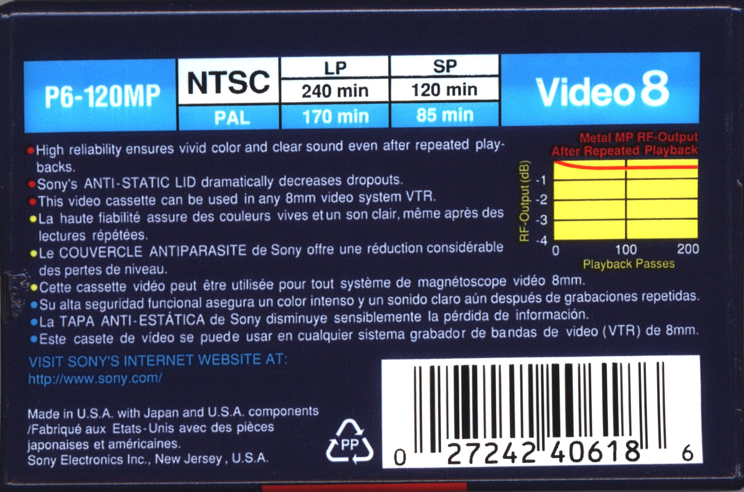 Video8, Hi8, Digital8 Sony MP 120 "Video8 P6-120MPC" Type I Normal 1996 North America