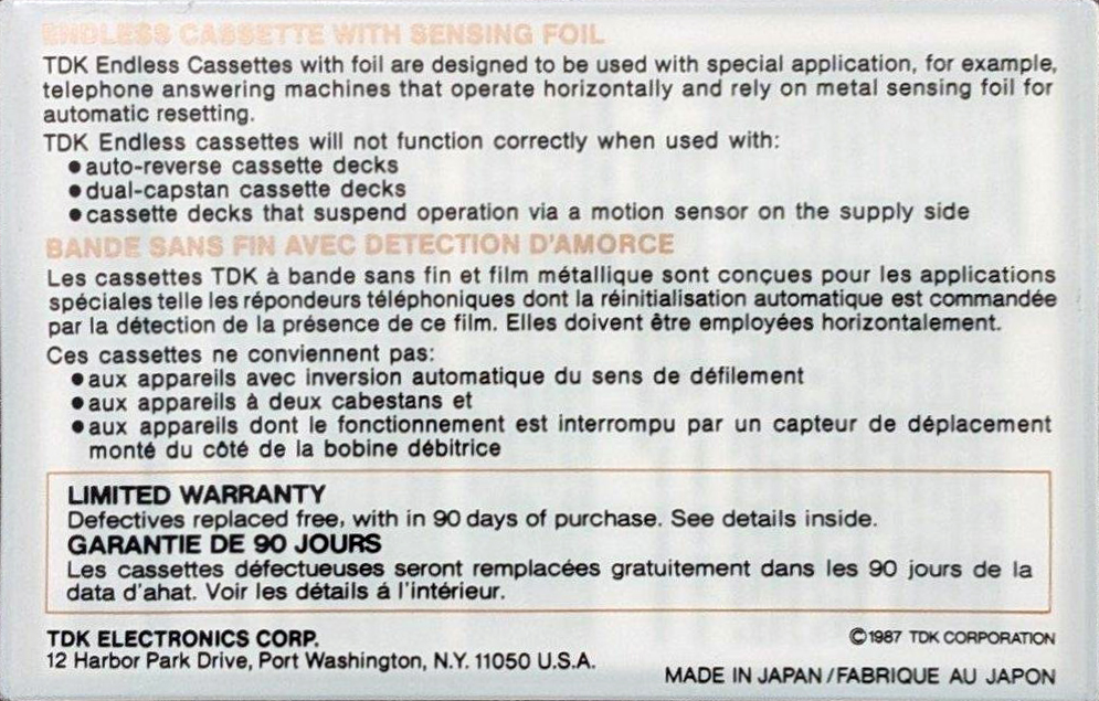 Compact Cassette TDK EC Endless 30 sec "EC-30SG" Endless Cassette 1987 North America