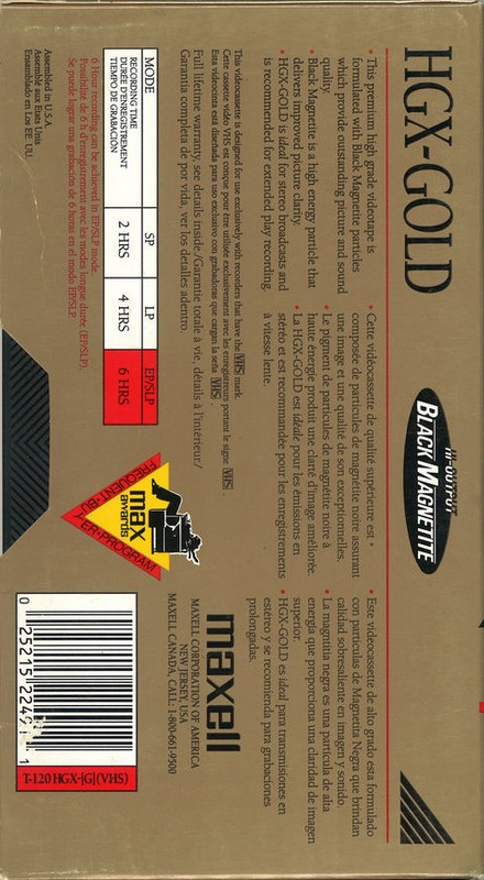 VHS, Video Home System Maxell HGX Gold 120 "T-120 HGX-(G)" Type I Normal 1992 North America