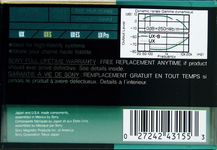 Compact Cassette Sony UX-S 60 Type II Chrome 1990 North America