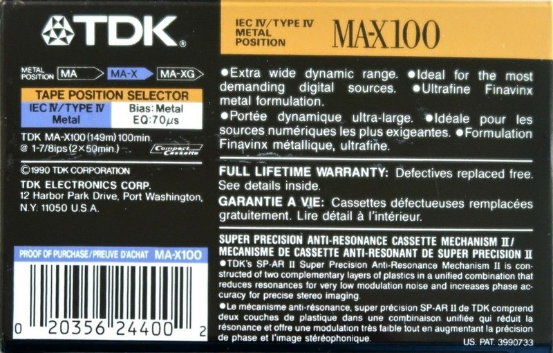 Compact Cassette TDK MA-X 100 Type IV Metal 1990 North America