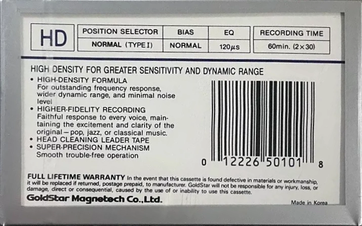 Compact Cassette Goldstar HD 60 Type I Normal 1988 USA