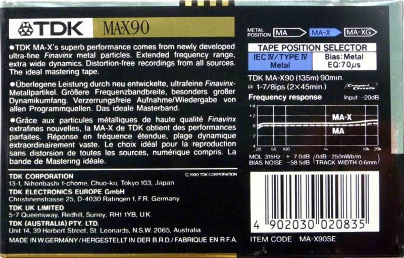 Compact Cassette TDK MA-X 90 "MA-X90SE" Type IV Metal 1990 Australia, Europe