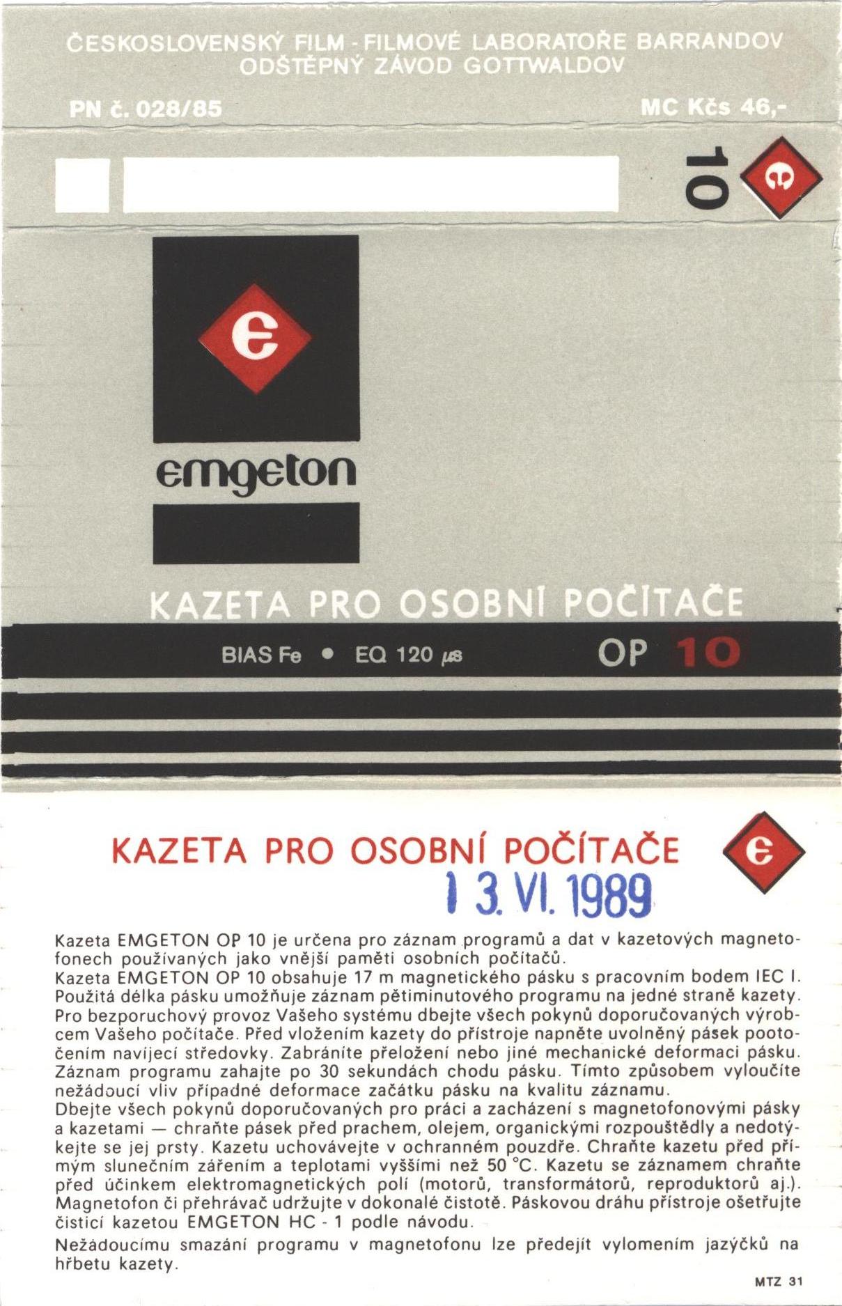 Compact Cassette Emgeton Op 10 Type I Normal 1989 Czechoslovakia