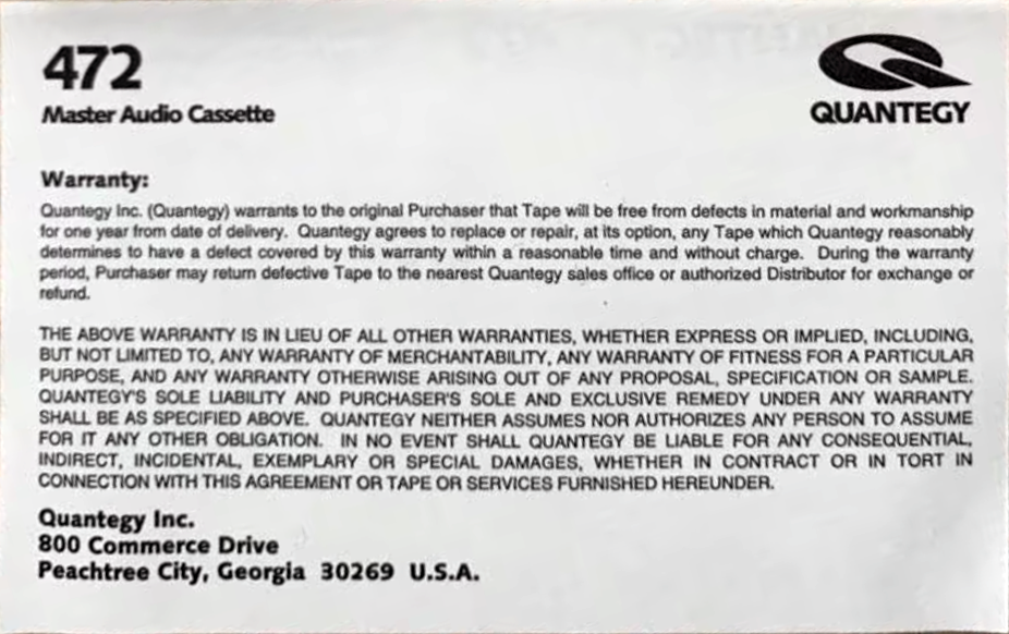 Compact Cassette Quantegy 472 90 Type II Chrome 1996 USA