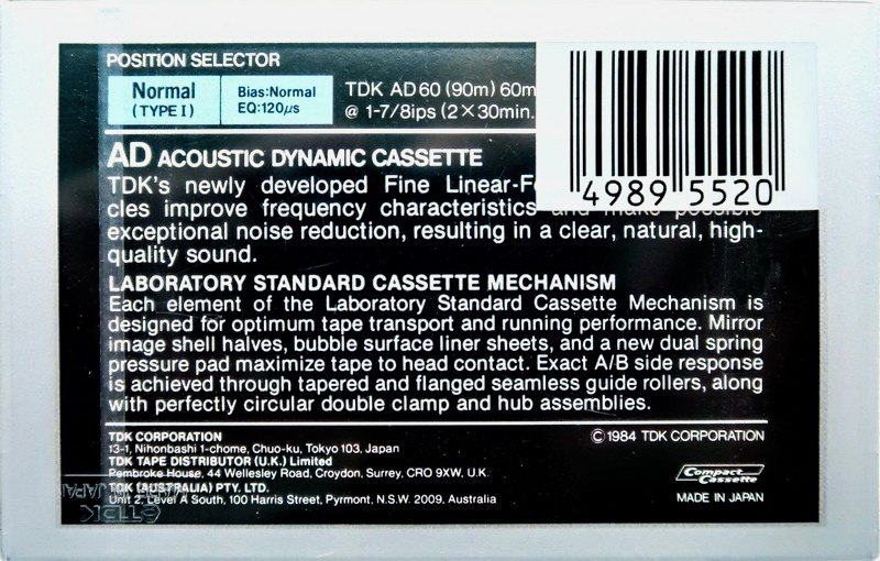 Compact Cassette TDK AD 60 Type I Normal 1984 Australia, Europe