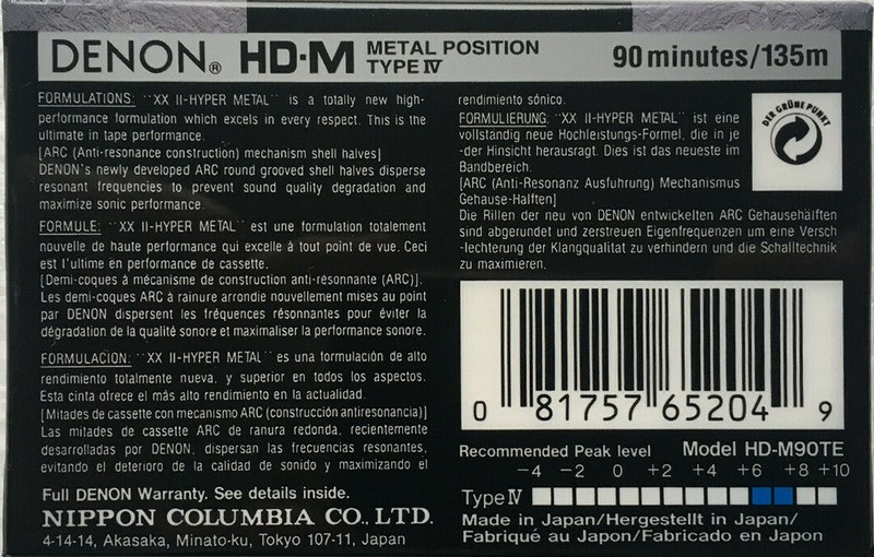 Compact Cassette Denon HD-M 90 "HD-M90TE" Type IV Metal 1994 Europe, North America