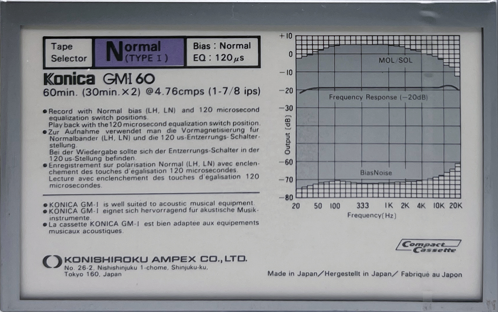 Compact Cassette Konica GM-I 60 "Grand Master I" Type I Normal 1984 Europe