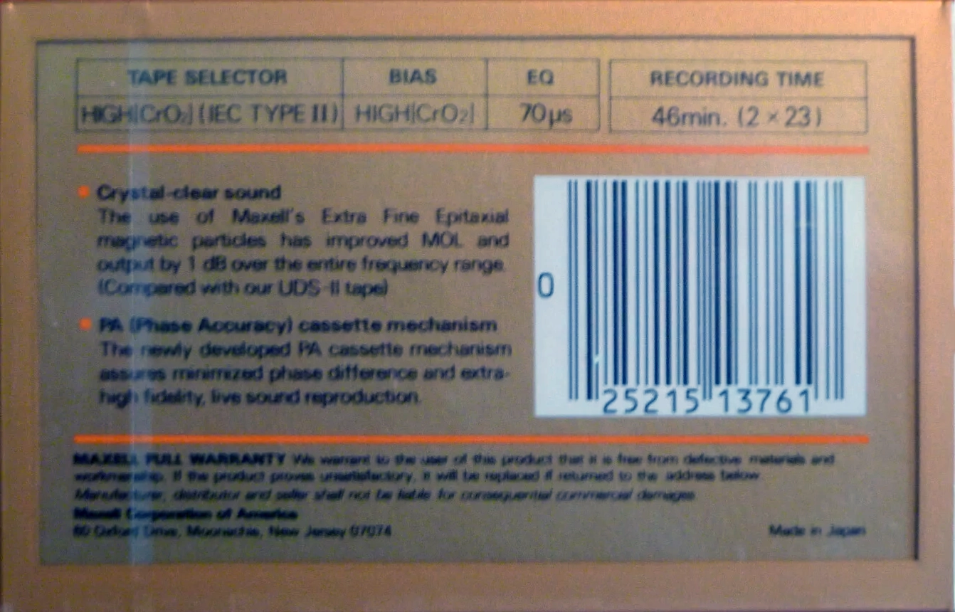 Compact Cassette Maxell XLII 46 Type II Chrome 1984 USA