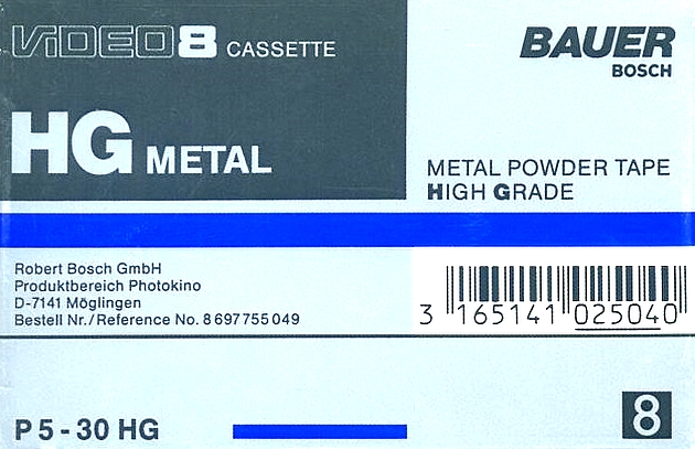 Video8, Hi8, Digital8 Bauer 30 "P5-30 HG" Type IV Metal 1989 Germany