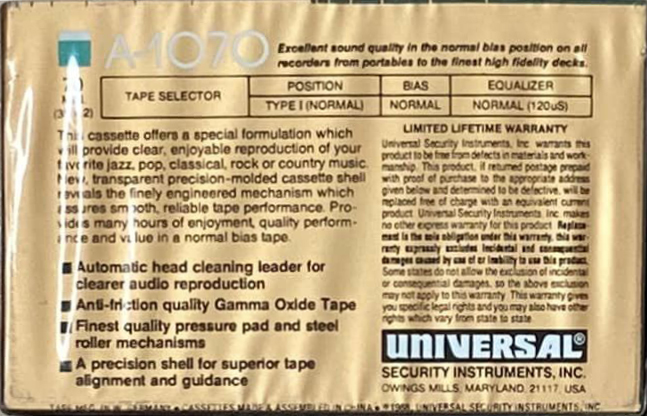 Compact Cassette Universal 70 "A-1070" Type I Normal USA