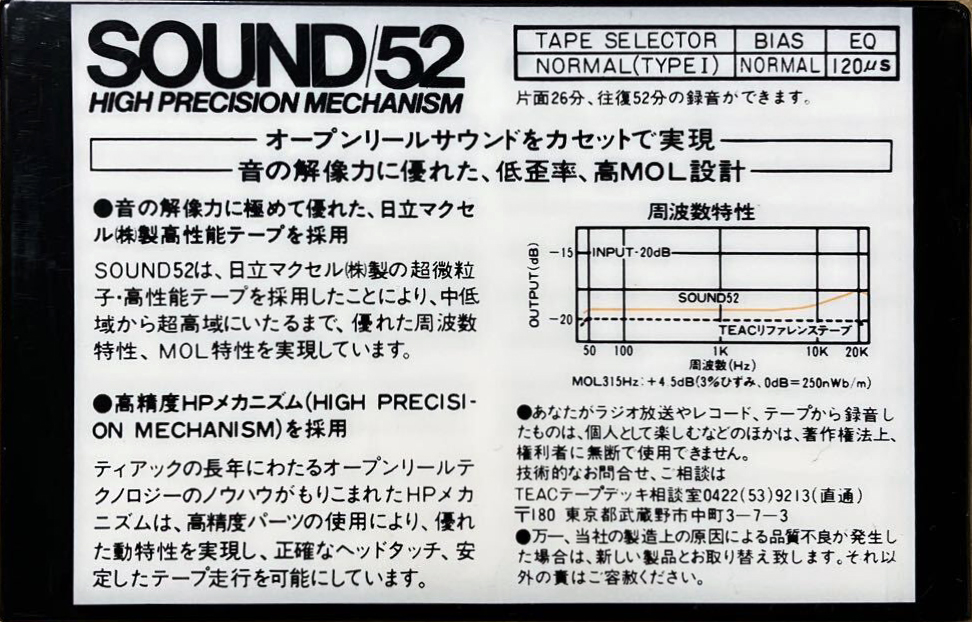 Compact Cassette Teac SOUND 52 "/52BL" Type I Normal 1984 Japan