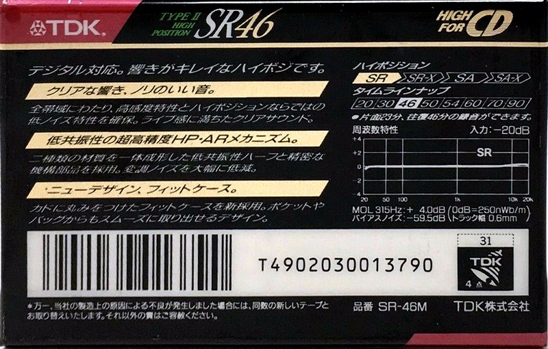 Compact Cassette TDK SR 46 "SR-46M" Type II Chrome 1990 Japan