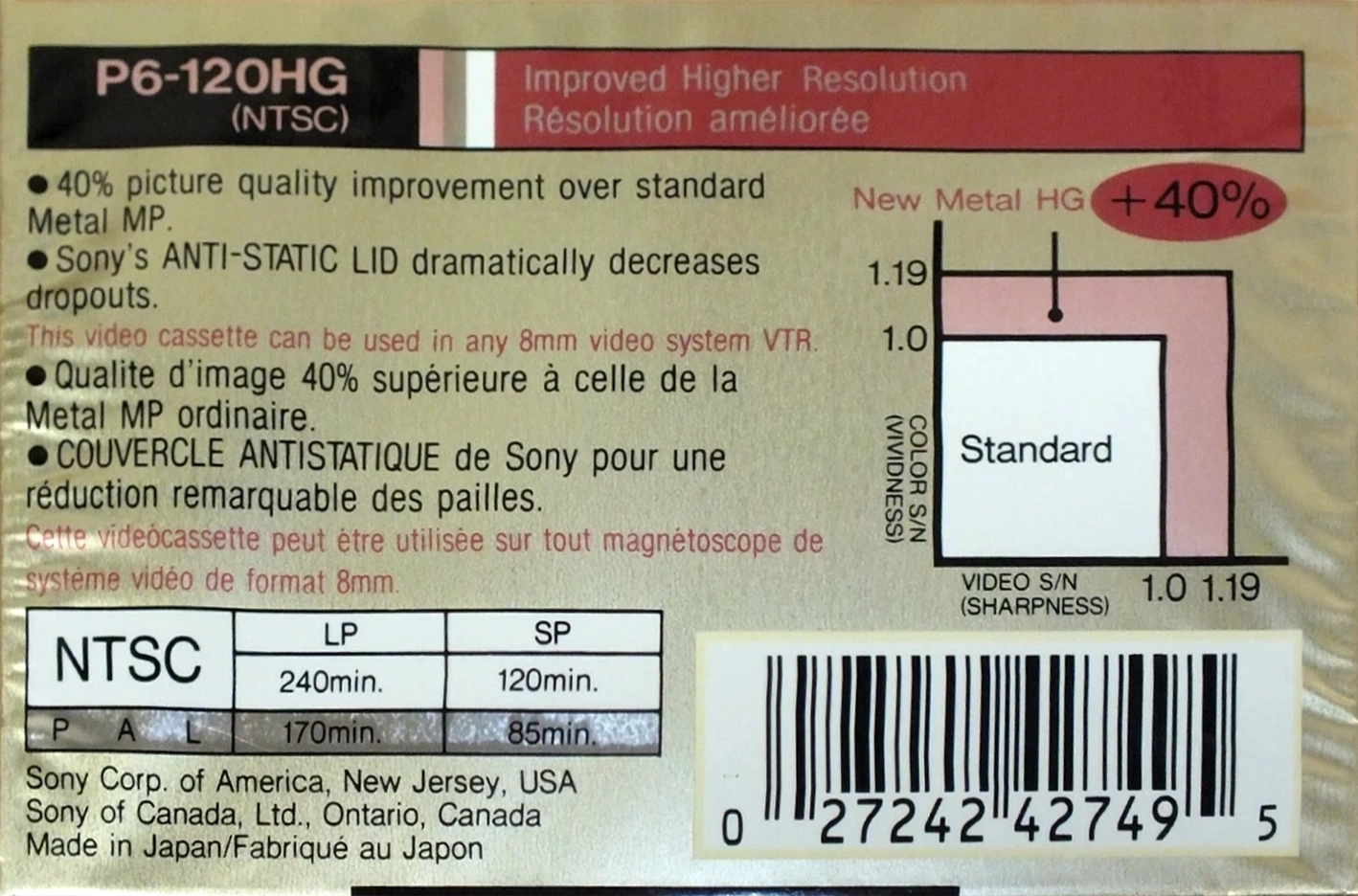 Video8, Hi8, Digital8 Sony HG 120 "P6-120HG" Type IV Metal 1992 North America