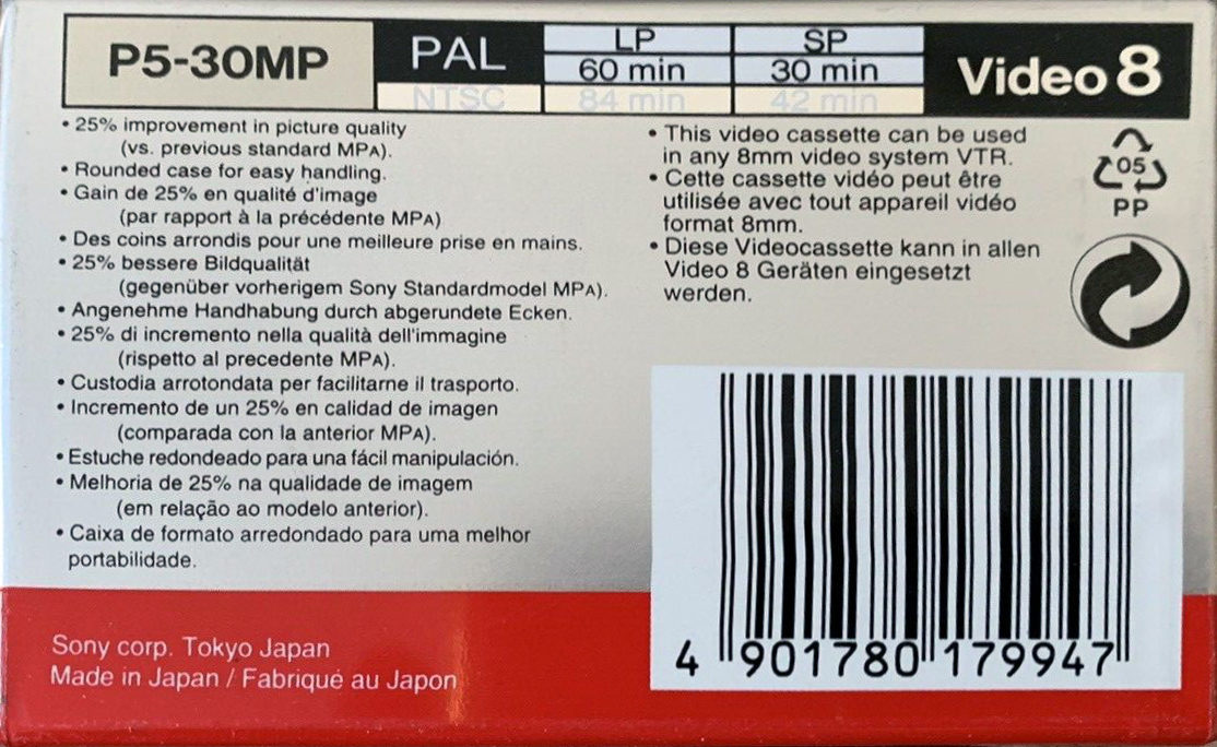 Video8, Hi8, Digital8 Sony MP 30 "P5-30MPB" Type IV Metal 1992 Europe