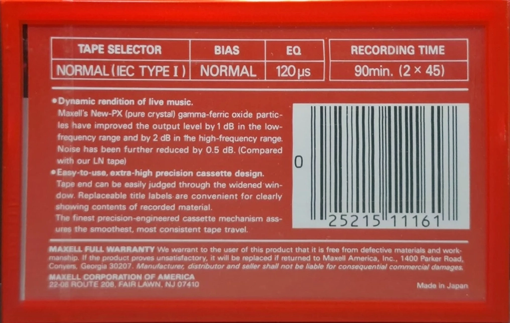 Compact Cassette Maxell UR 90 Type I Normal 1986 USA