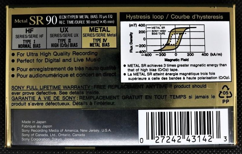 Compact Cassette Sony Metal SR 90 Type IV Metal 1992 Canada, USA