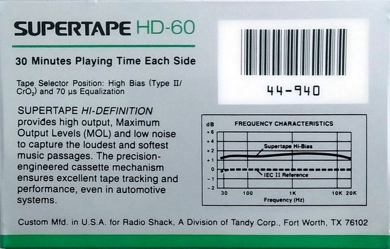 Compact Cassette SUPERTAPE HD 60 "44-940" Type II Chrome 1988 USA