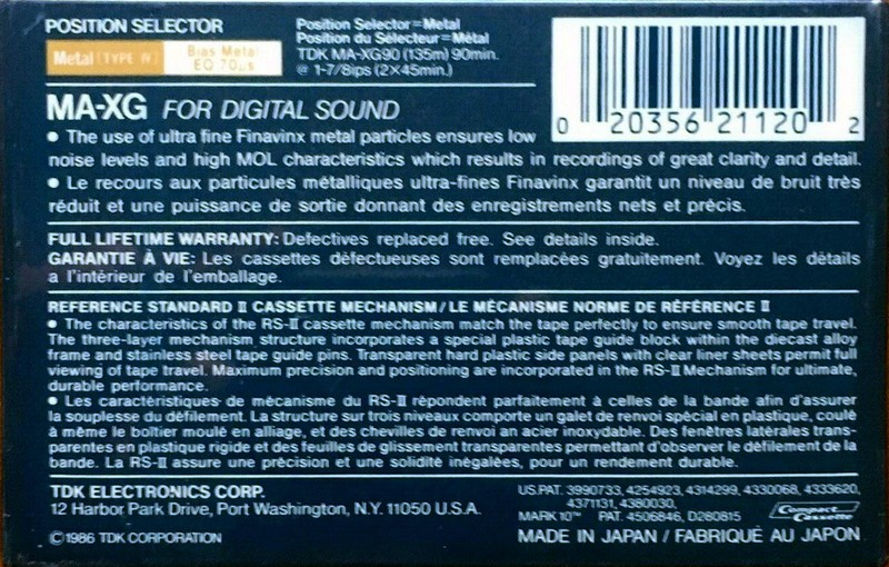 Compact Cassette TDK MA-XG 90 Type IV Metal 1986 North America