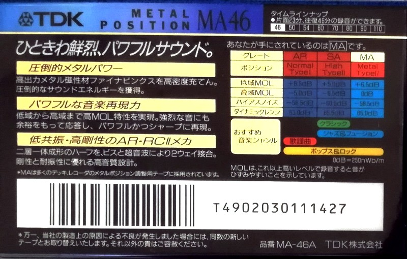 Compact Cassette TDK MA 46 "MA-46A" Type IV Metal 1993 Japan