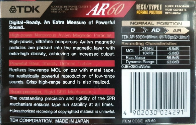 Compact Cassette TDK AR 60 "AR-60" Type I Normal 1992 Europe