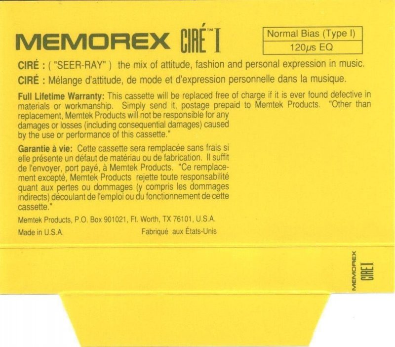 Compact Cassette Memorex Cire I 50 Type I Normal 1991 USA